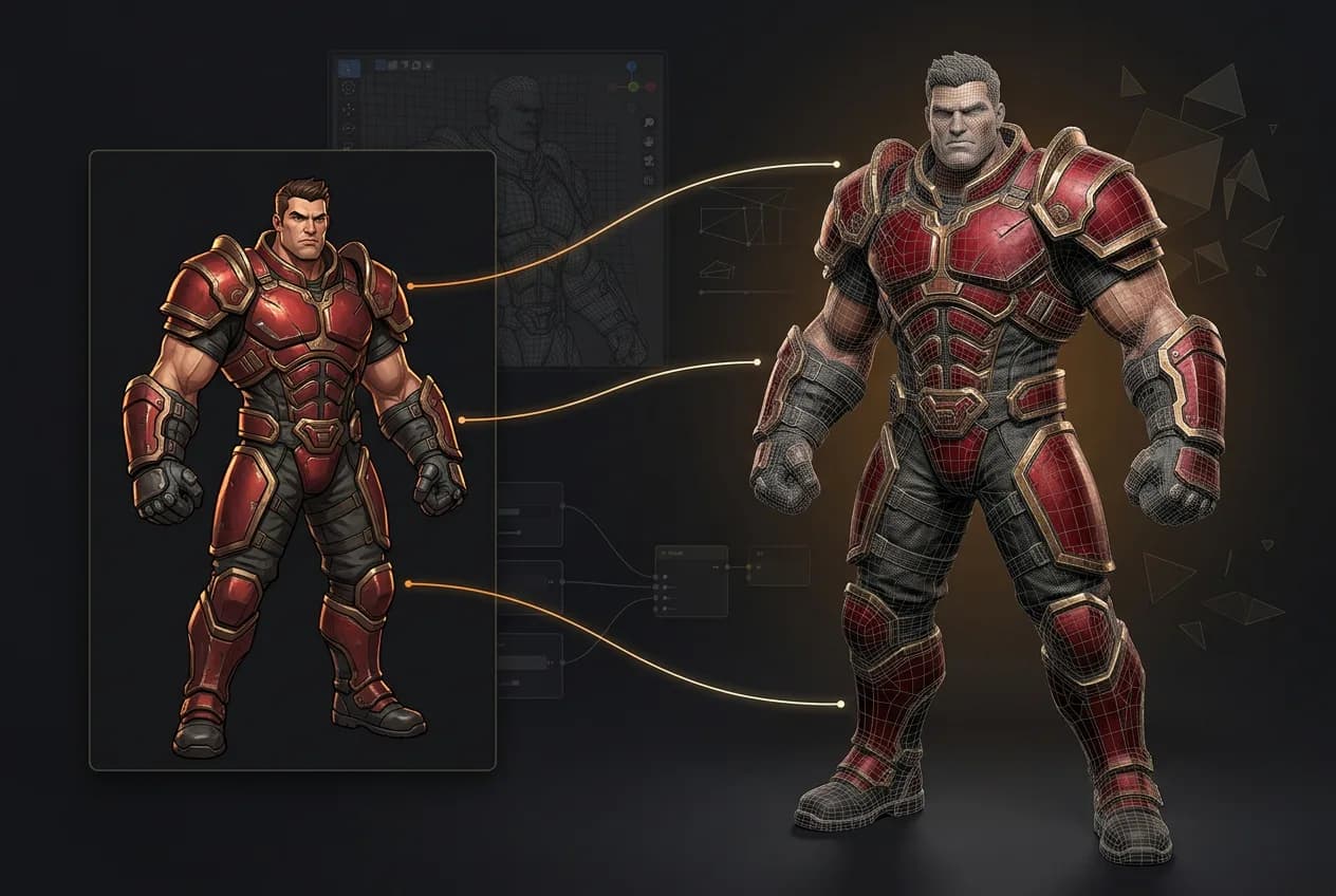 Fantasy character in red and gold plated armor with design comparison showing original concept and final 3D model render