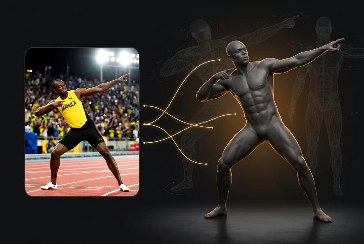 Athletic sprinter in yellow Jamaica uniform compared to digital neon glowing figure in striking pose