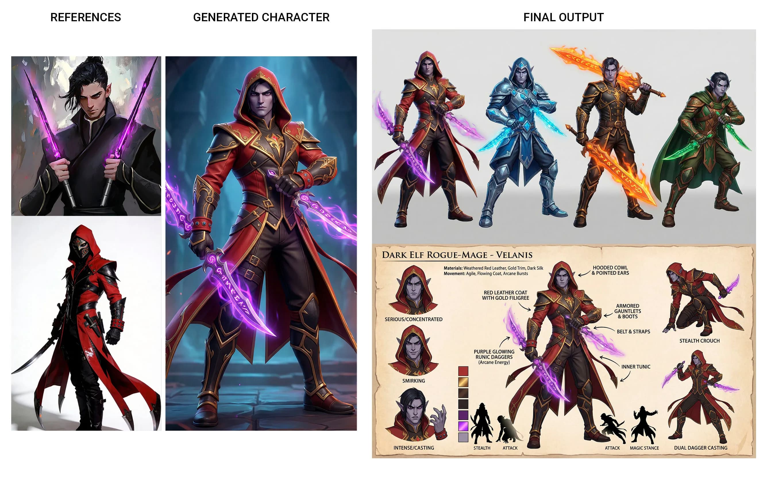 Dark elf rogue-mage character with red hooded cloak, red and gold armor, purple glowing sword, and multiple pose variations showing combat abilities and magical attacks
