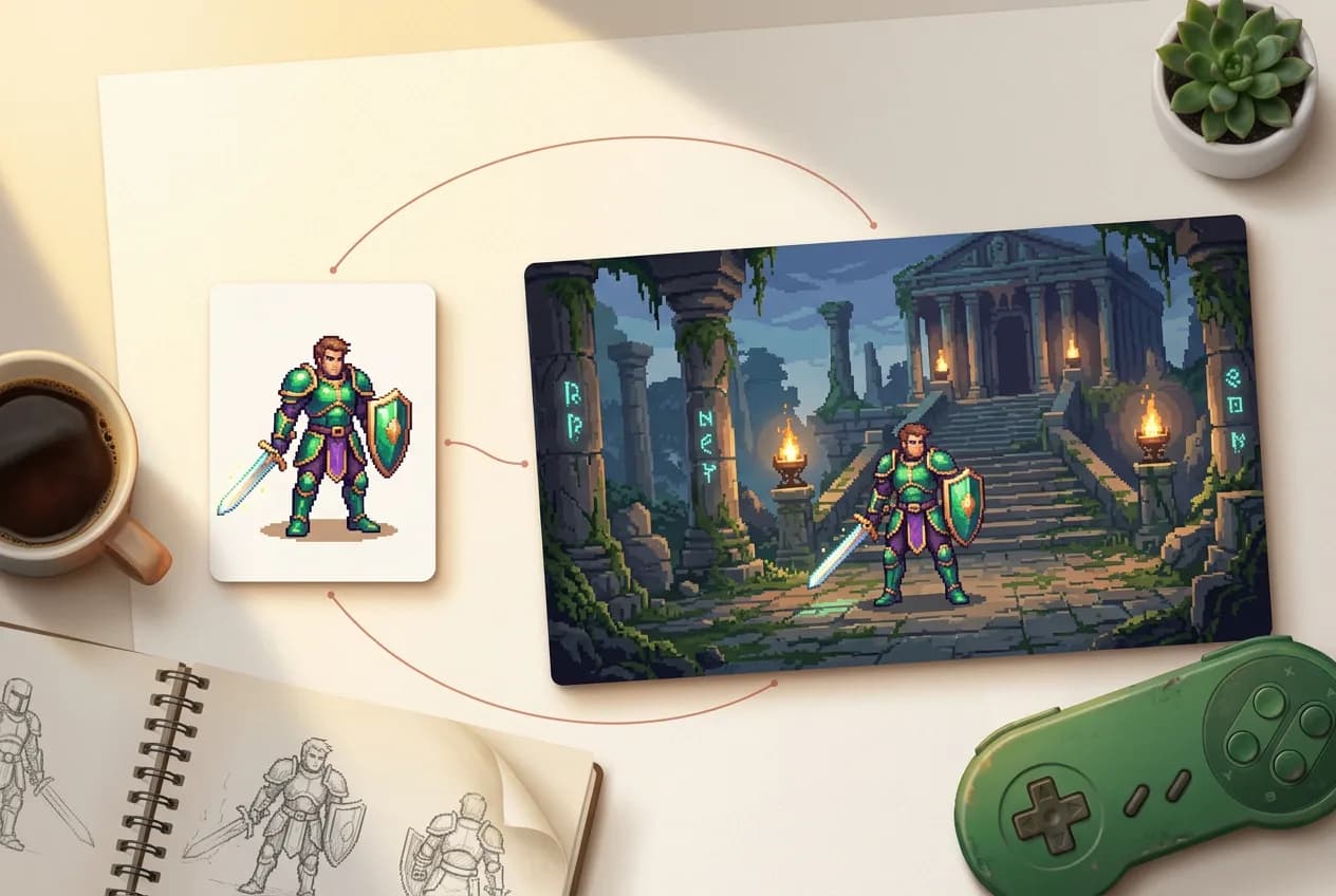 Pixel art knight character with sword and shield on desk with game controller and coffee