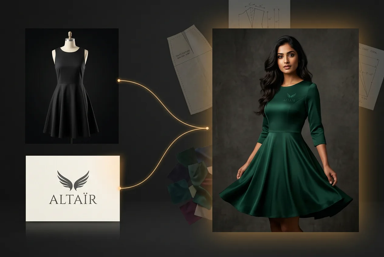 Woman modeling emerald green midi dress with three-quarter sleeves from Altair fashion brand, showcasing elegant draping and design sketches