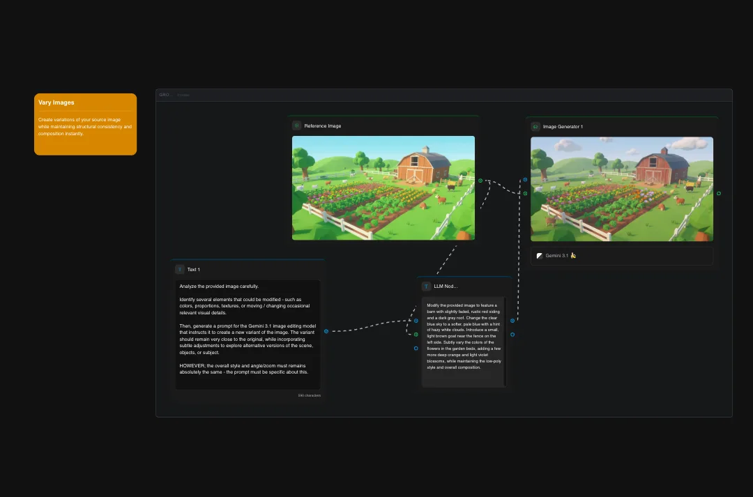 AI image generator interface showing reference farm scene and AI-generated farmland artwork with red barn and vegetable garden