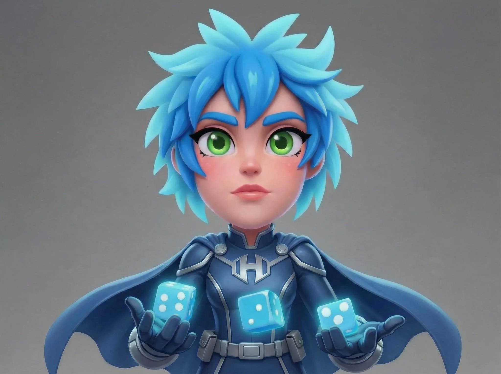 3D animated character with spiky blue hair and green eyes holding glowing cyan dice, wearing futuristic armor suit