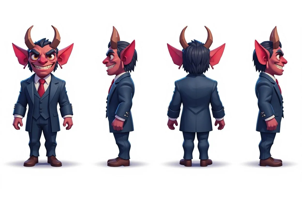 3D cartoon demon character in blue business suit with horns, red skin, and pointed ears shown in multiple poses and angles