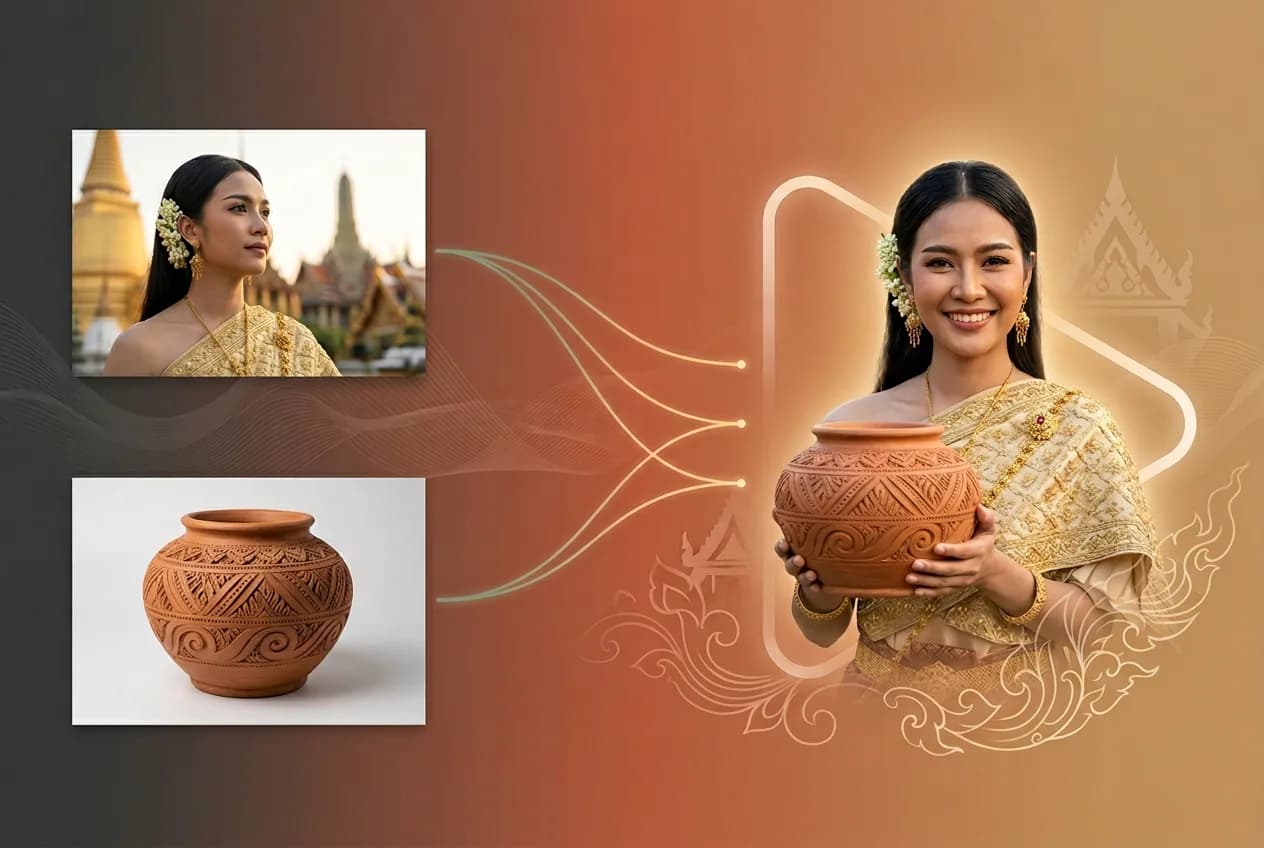 Thai woman in golden traditional silk dress holding ornate clay pottery vessel with temple background and decorative thai art elements