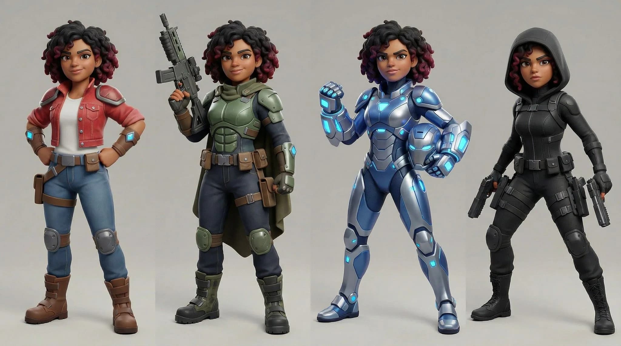 Four female character designs in different outfits: casual red jacket, tactical military gear with rifle, blue futuristic armor suit, and black tactical bodysuit with weapons