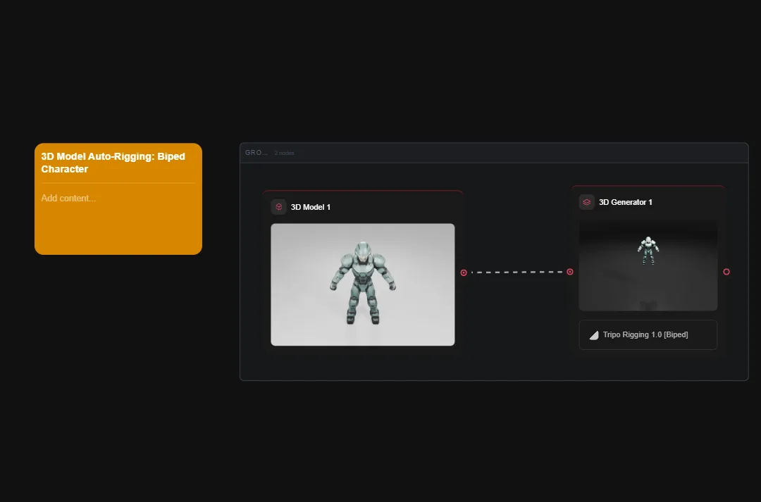 3D biped character model with auto-rigging interface showing generated robot rigged for animation