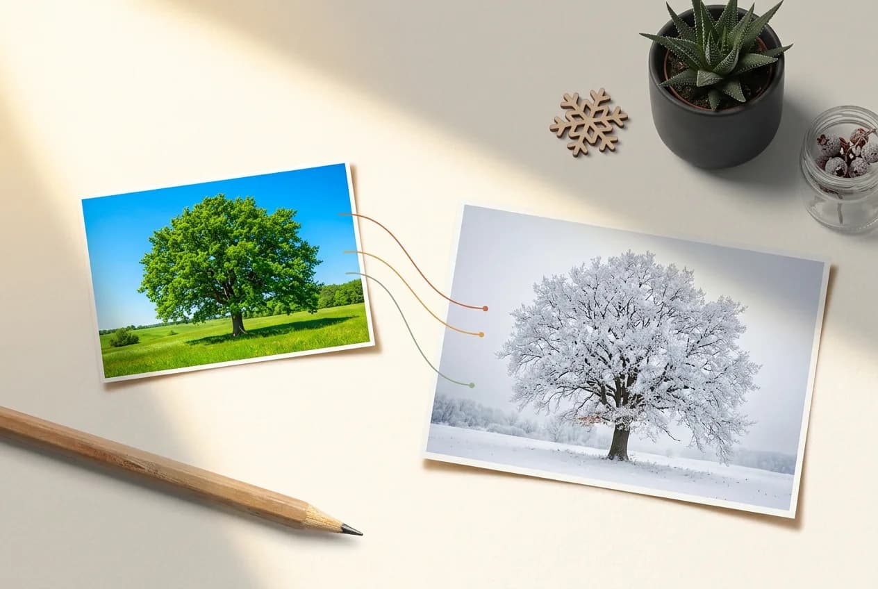 Two nature photos displaying seasonal contrast: lush green summer tree on left, frost-covered winter tree on right, connected by string on white desk with succulent and wooden pencil