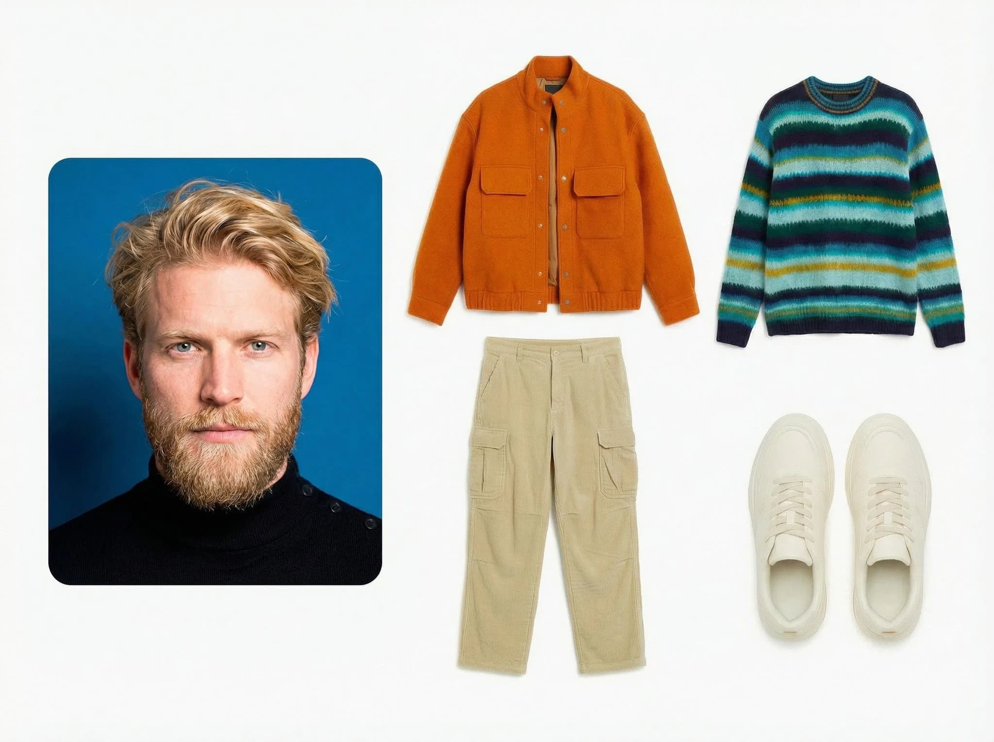 Man with blonde beard wearing orange jacket, multicolor striped sweater, beige cargo pants, and white sneakers in casual outfit styling
