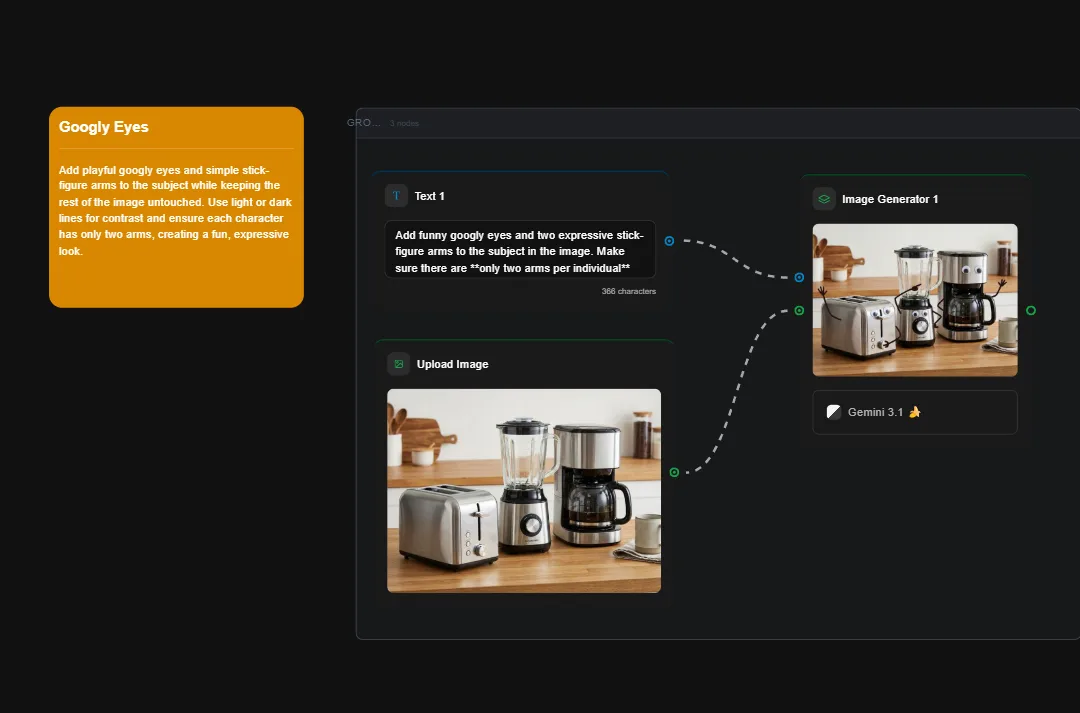 Kitchen appliances with googly eyes on wooden counter - AI generated image showing playful stick-figure arms added to toaster, blender, and coffee maker