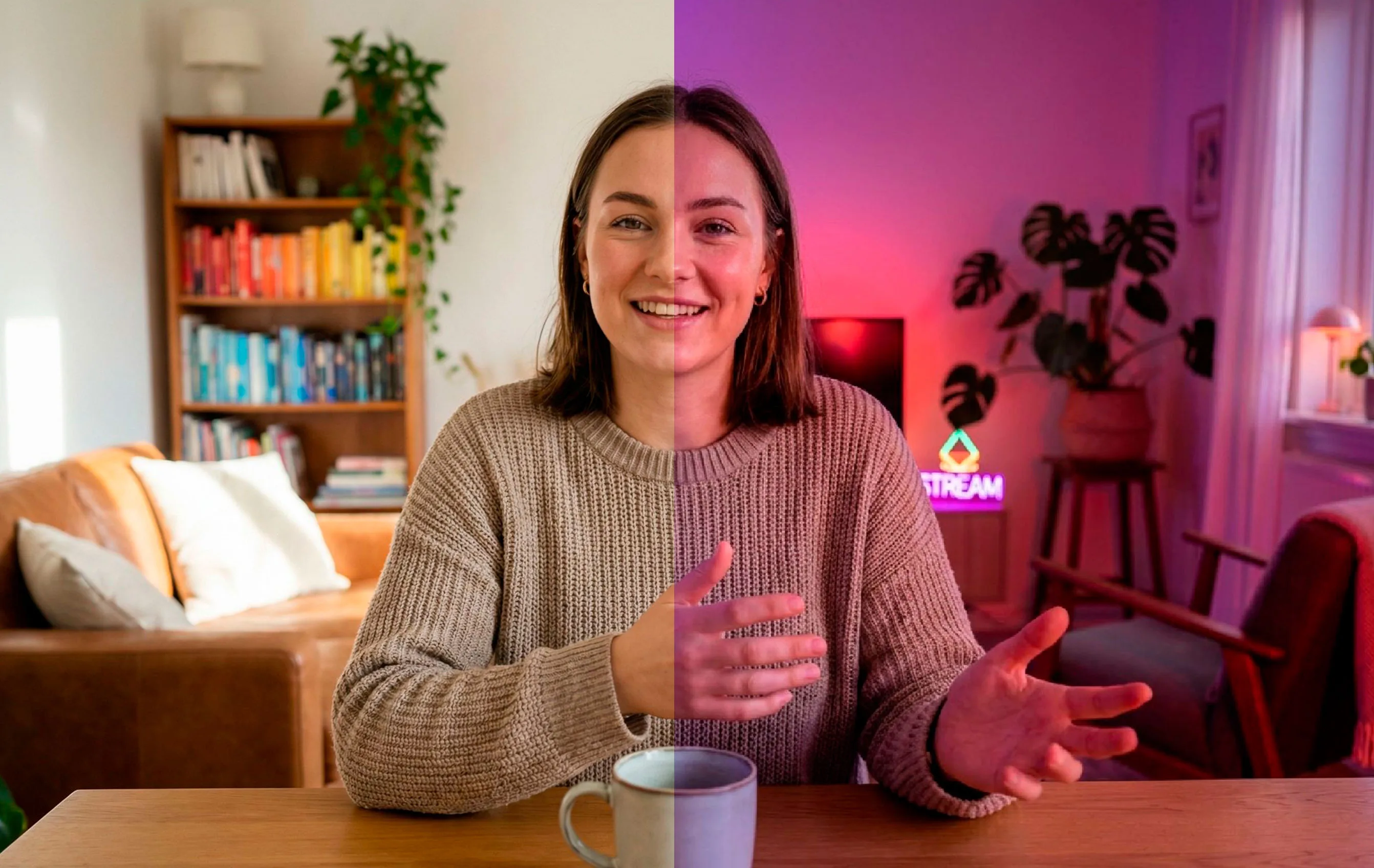 Woman in cozy sweater streaming with split-screen neon pink lighting, coffee mug, and modern room setup