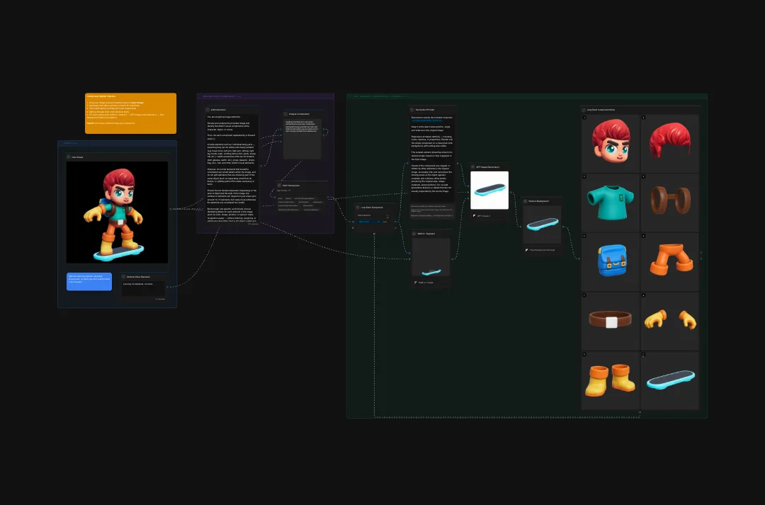 3D game character design documentation showing red-haired boy character and colorful asset library including clothing, accessories, and equipment pieces
