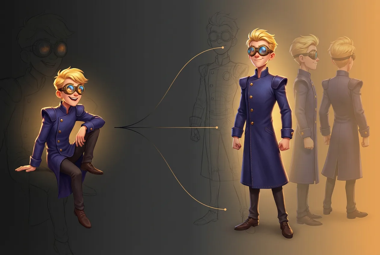 Animated character design sheet showing blonde boy with goggles in blue coat from multiple angles and poses