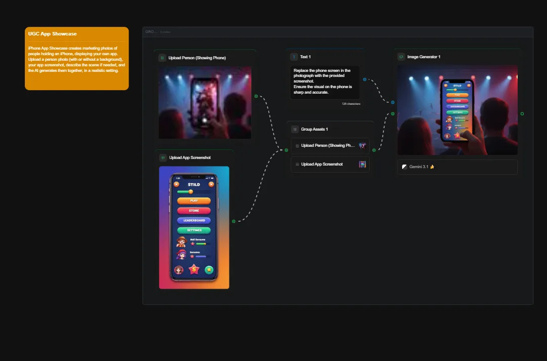 UGC app showcase displaying colorful mobile game interface with menu buttons, phone mockups, and user-generated content photos for app marketing presentation