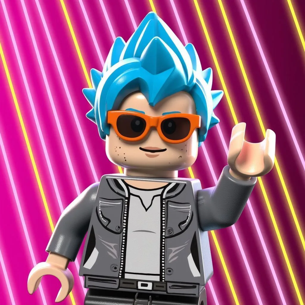 Cool anime character with bright blue spiky hair wearing orange sunglasses and grey jacket against vibrant magenta neon striped background