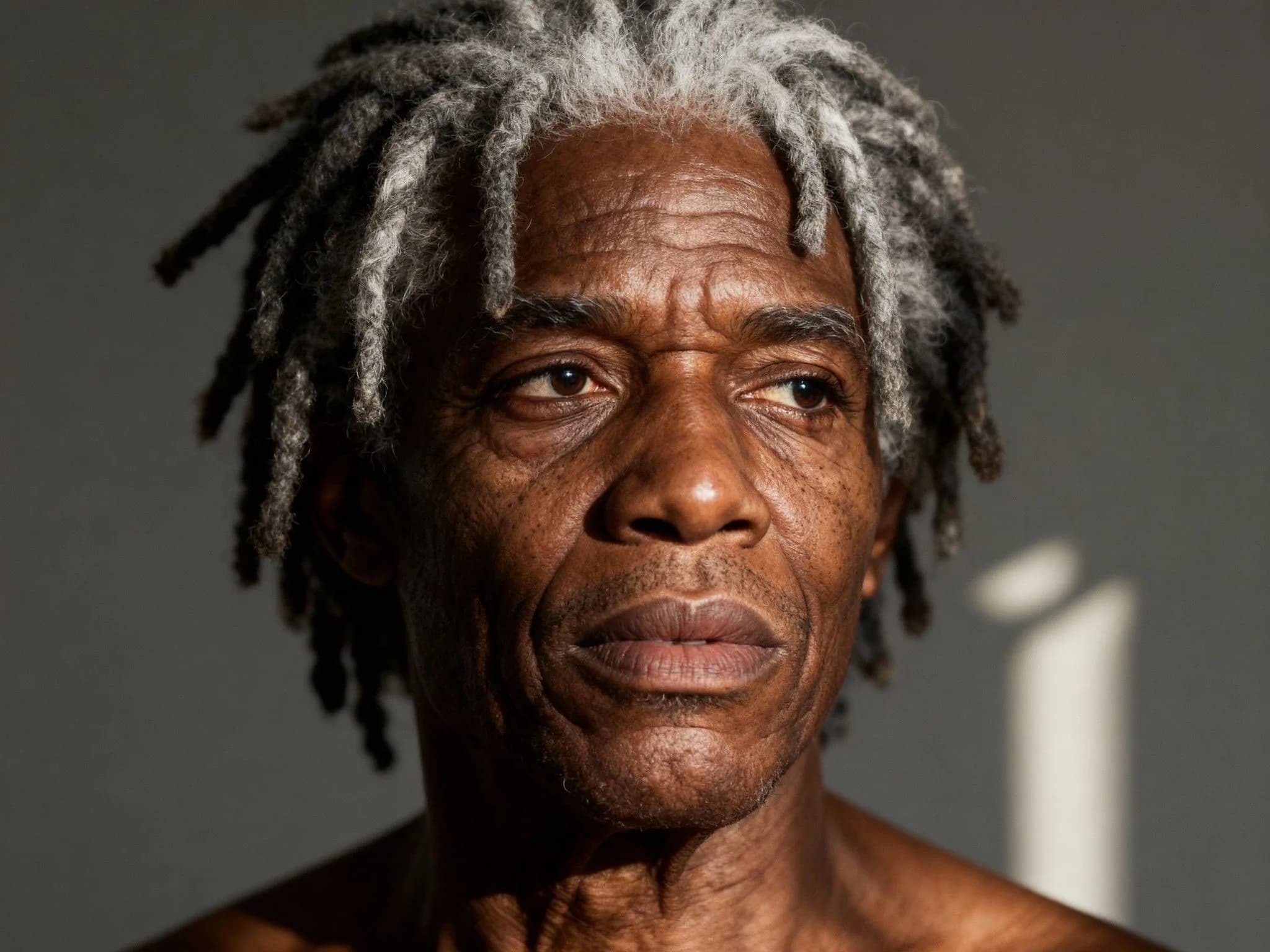 Portrait of mature man with gray dreadlocks and serious expression against neutral gray background