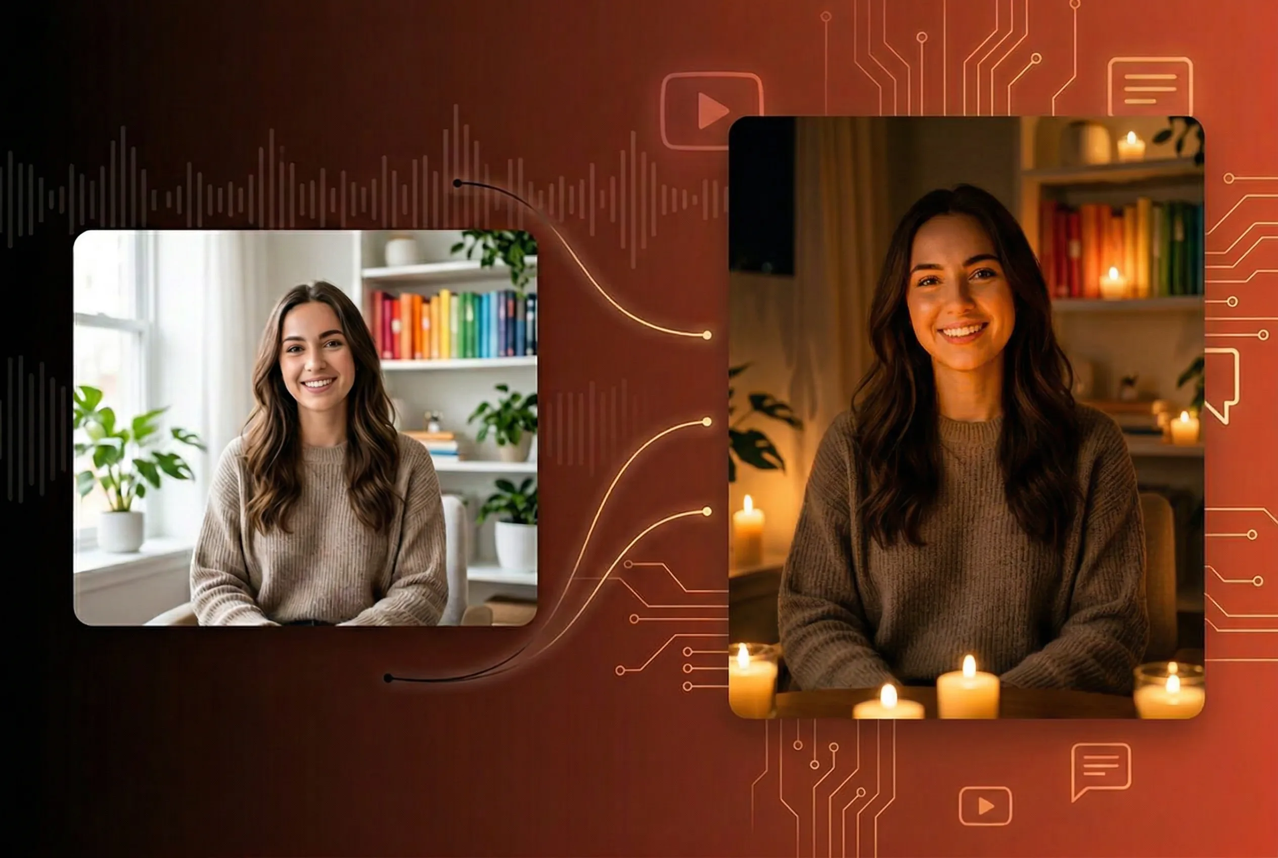 Woman in two video frames showing before bright study and after cozy candlelit setting with warm orange tech interface background