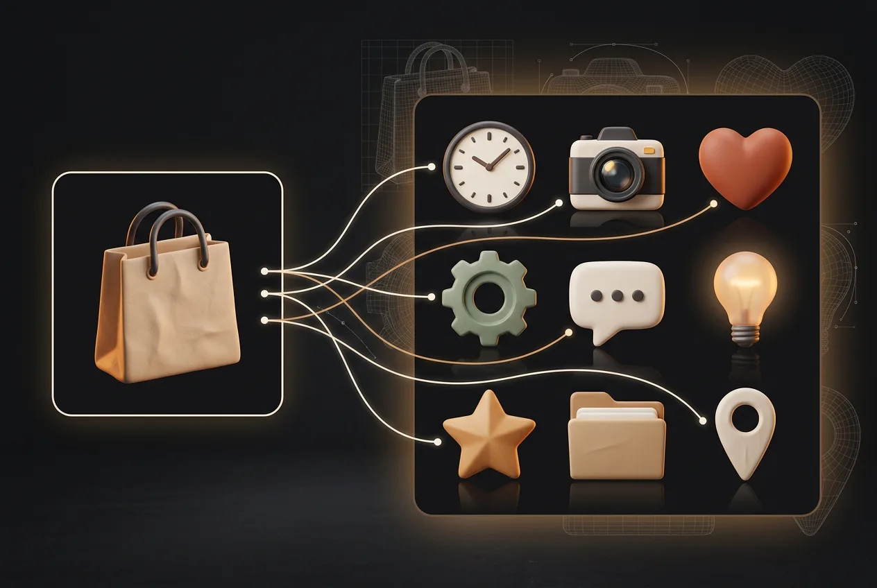 Shopping bag connected to e-commerce icons including clock, camera, heart, gear, chat, lightbulb, star, folder, and location pin on dark background