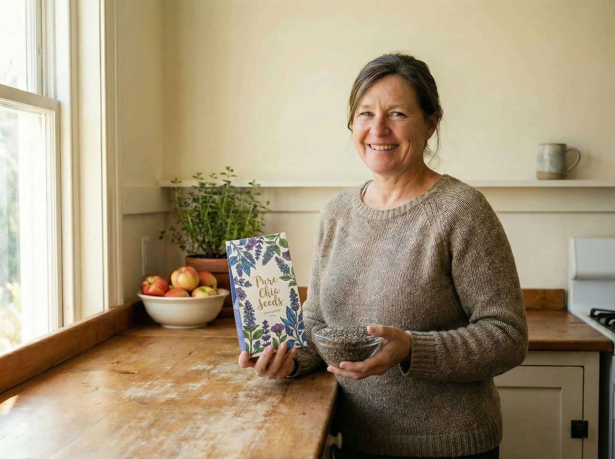 Woman smiling in kitchen holding chia seeds packet and bowl, with fruit and plants on wooden counter