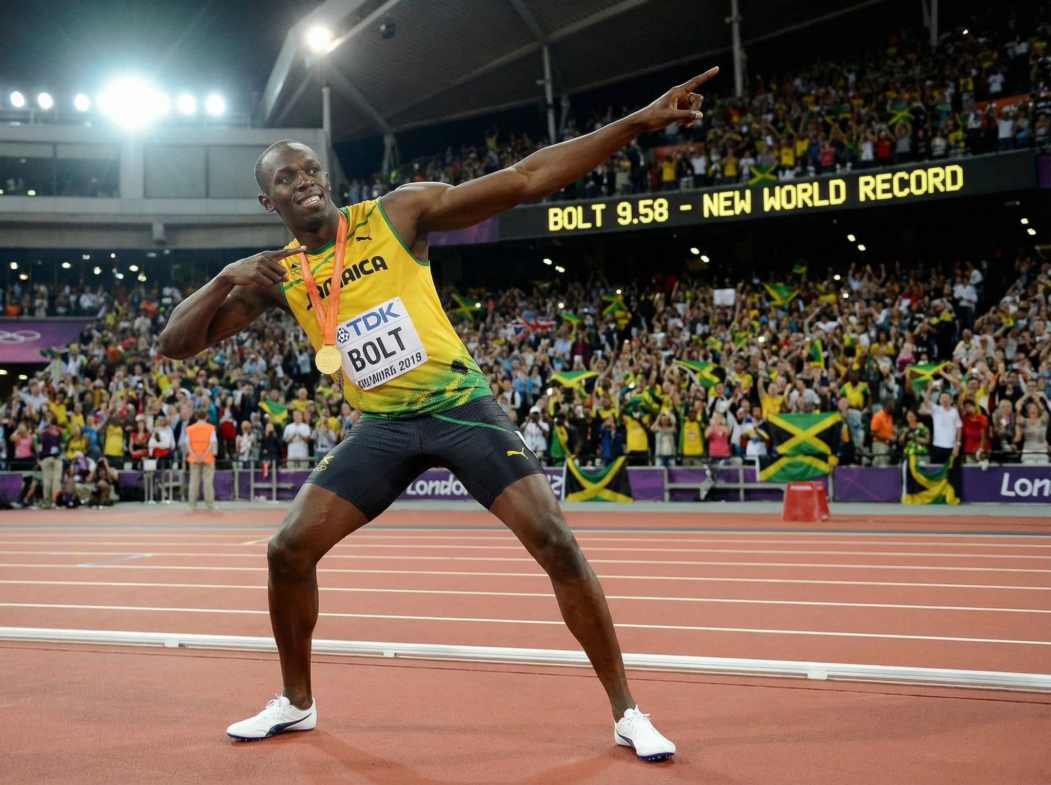 Usain Bolt celebrates 9.58 second 100m world record at London stadium wearing Jamaica yellow uniform