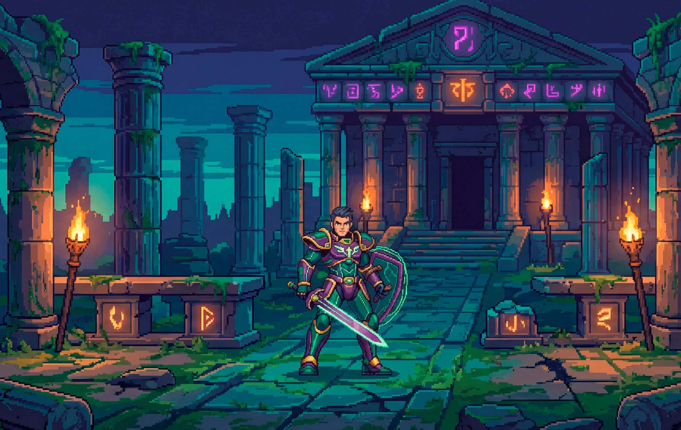 Pixel art warrior in neon green and gold armor wielding sword before glowing ancient temple ruins at night