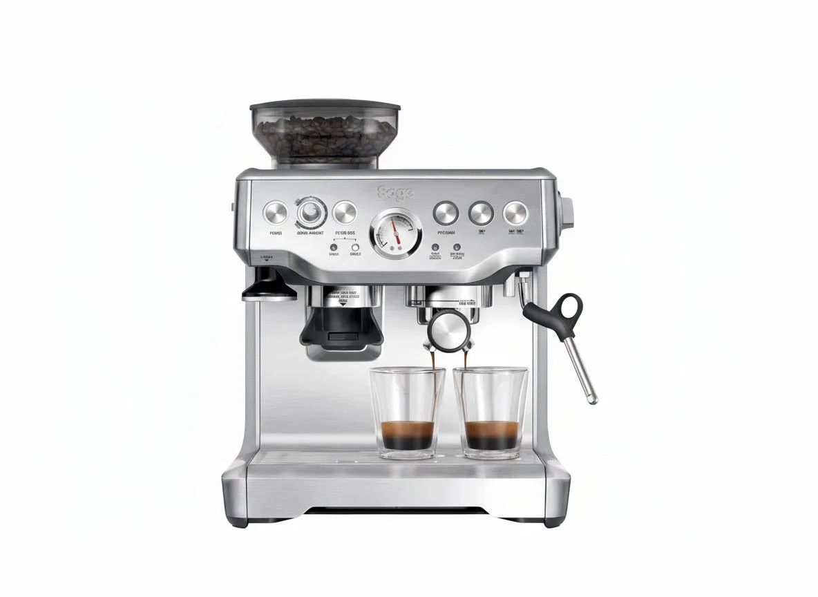 Sage Barista Express espresso machine with grinder, dual shot glasses, and control panel featuring temperature gauge and multiple buttons