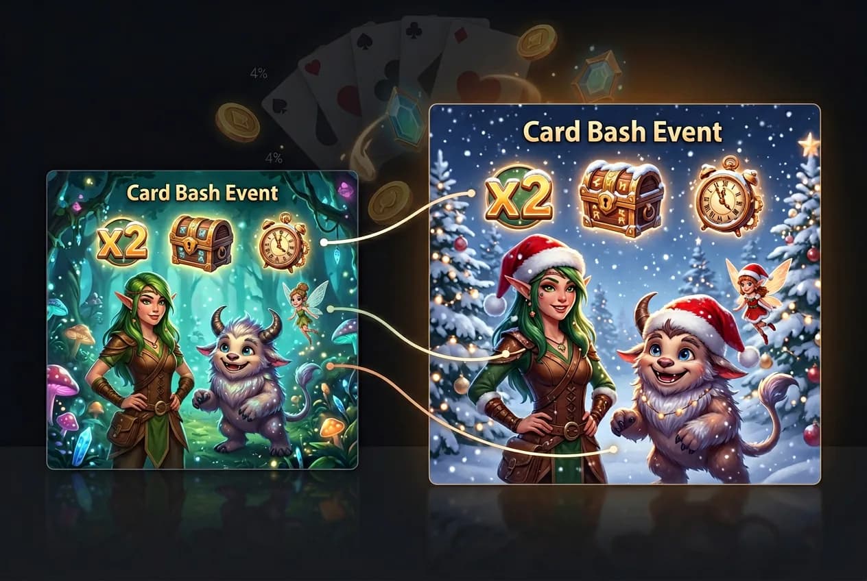 Card Bash Event game interface featuring fantasy elf character with magical creatures, treasure chest, clock symbols, and winter holiday themed design with snow and festive decorations