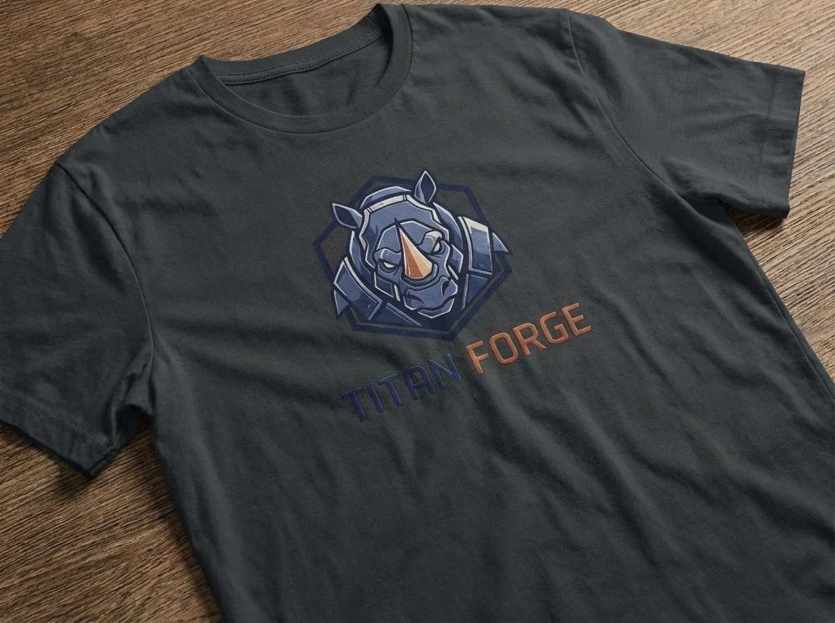 Dark grey t-shirt with Titan Forge gaming logo featuring armored shield emblem and metallic text design