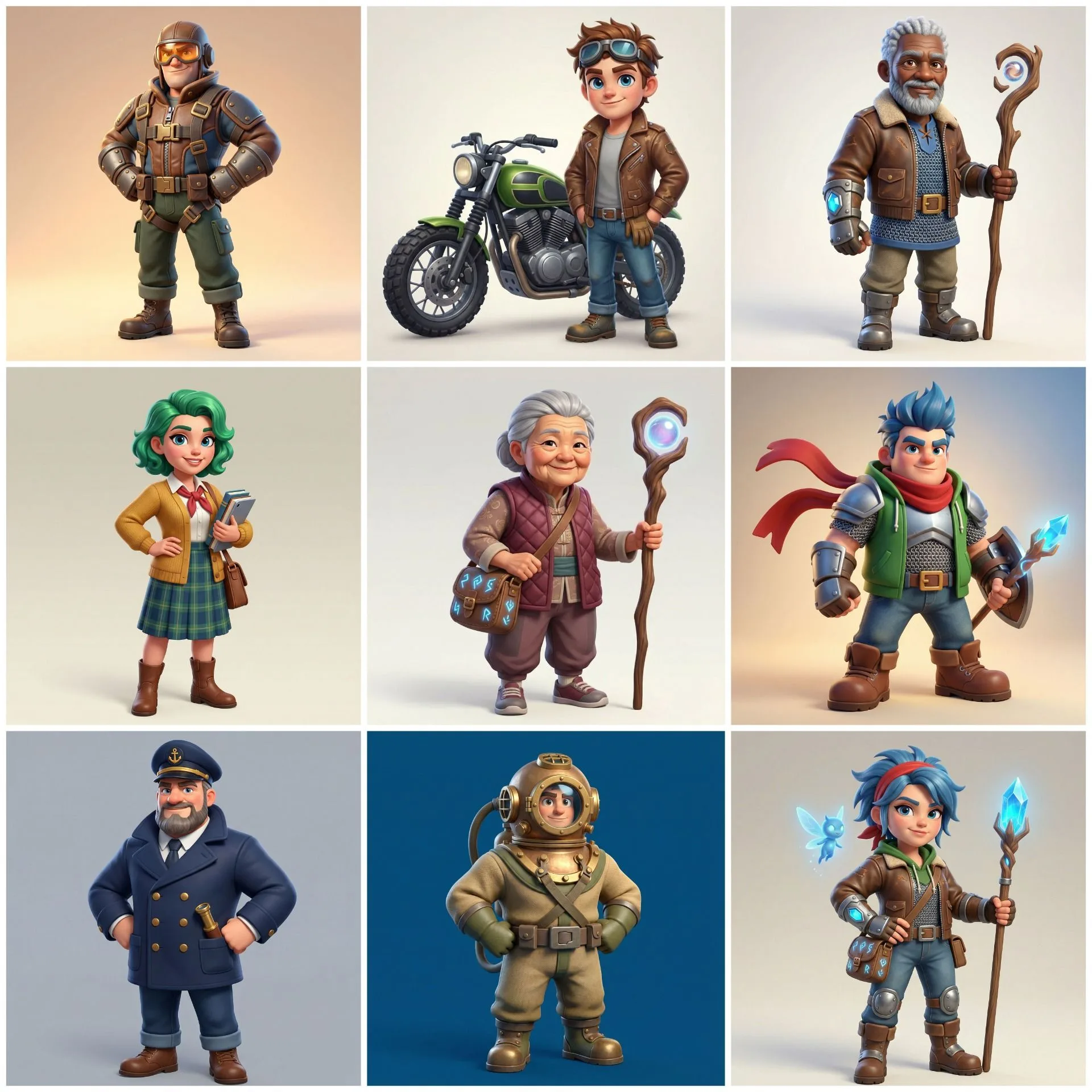 Nine 3D cartoon characters in steampunk style including pilots, adventurers, wizards, and sailors with goggles, leather jackets, and magical props
