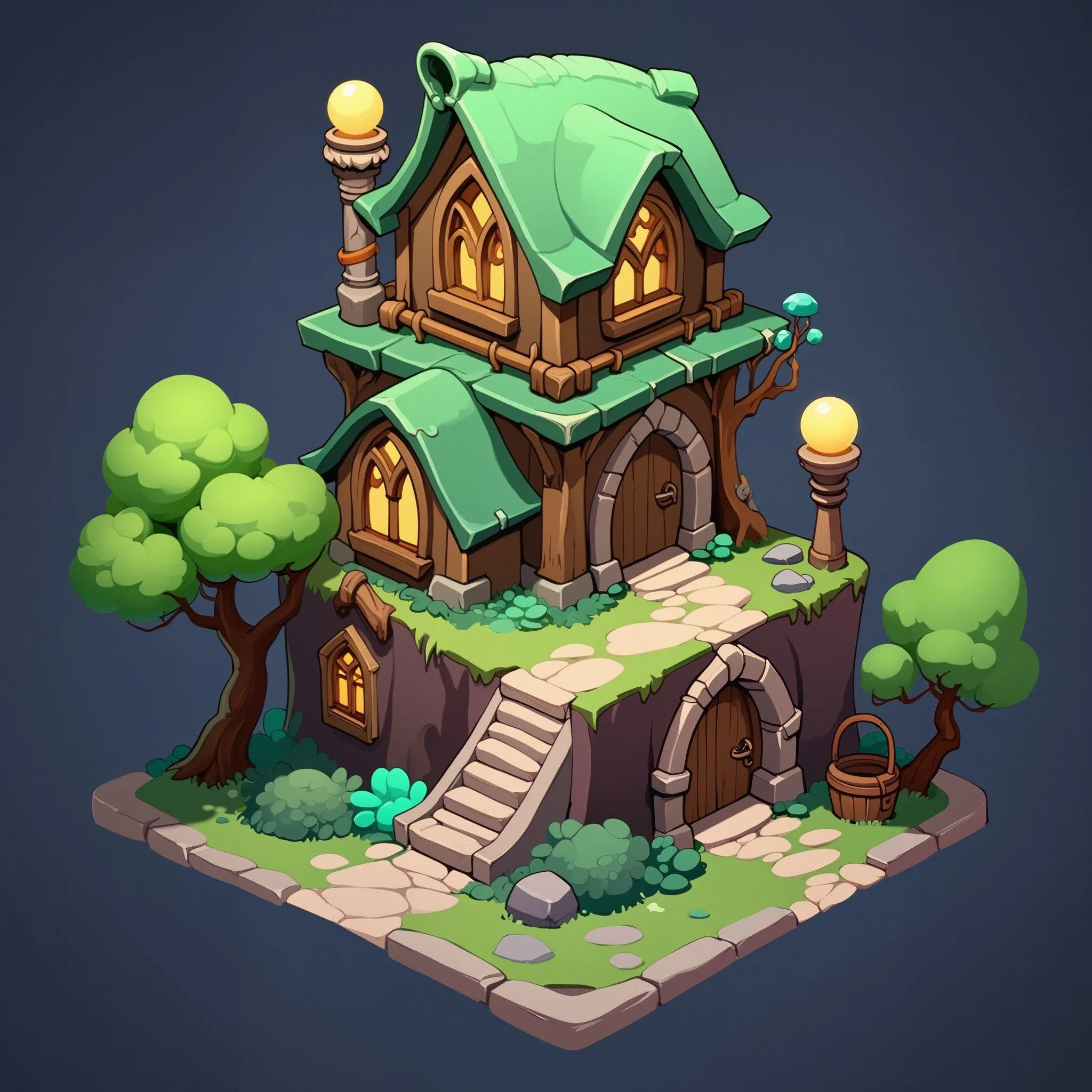 Whimsical fantasy mushroom house with glowing tower levels, green roof, illuminated windows, lanterns, trees and stone pathway in isometric game art style
