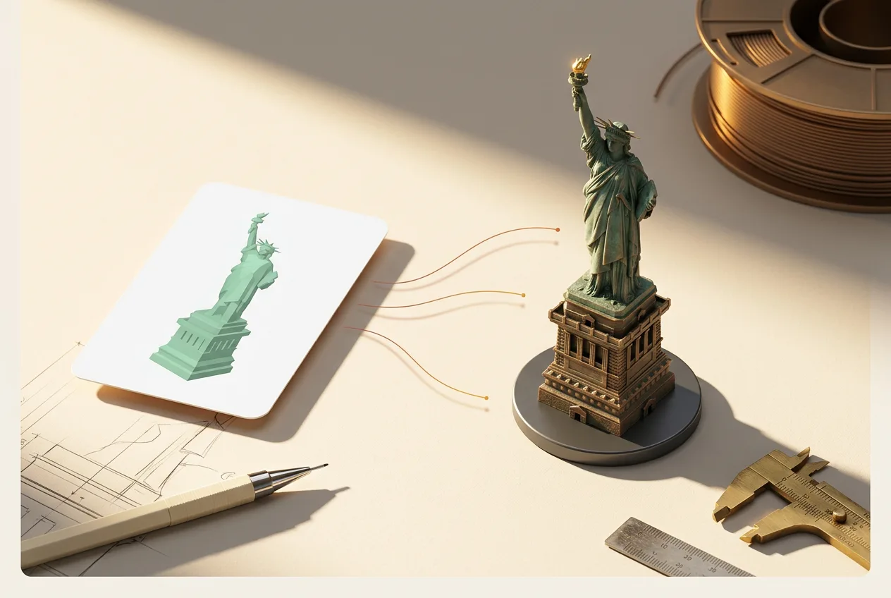 Statue of Liberty 3D model with blueprint sketch, design tools, and architectural sketches on workspace