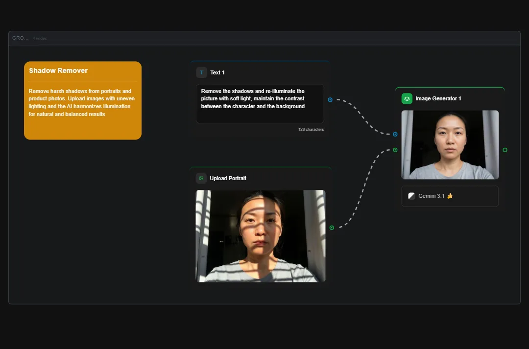 AI photo editing interface showing Shadow Remover tool for removing harsh shadows from portraits with before and after portrait comparison