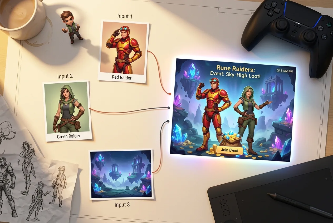 Game designer's desk showing character input references for Rune Raiders game with Red Raider and Green Raider character concepts, event UI mockup, and gaming controller