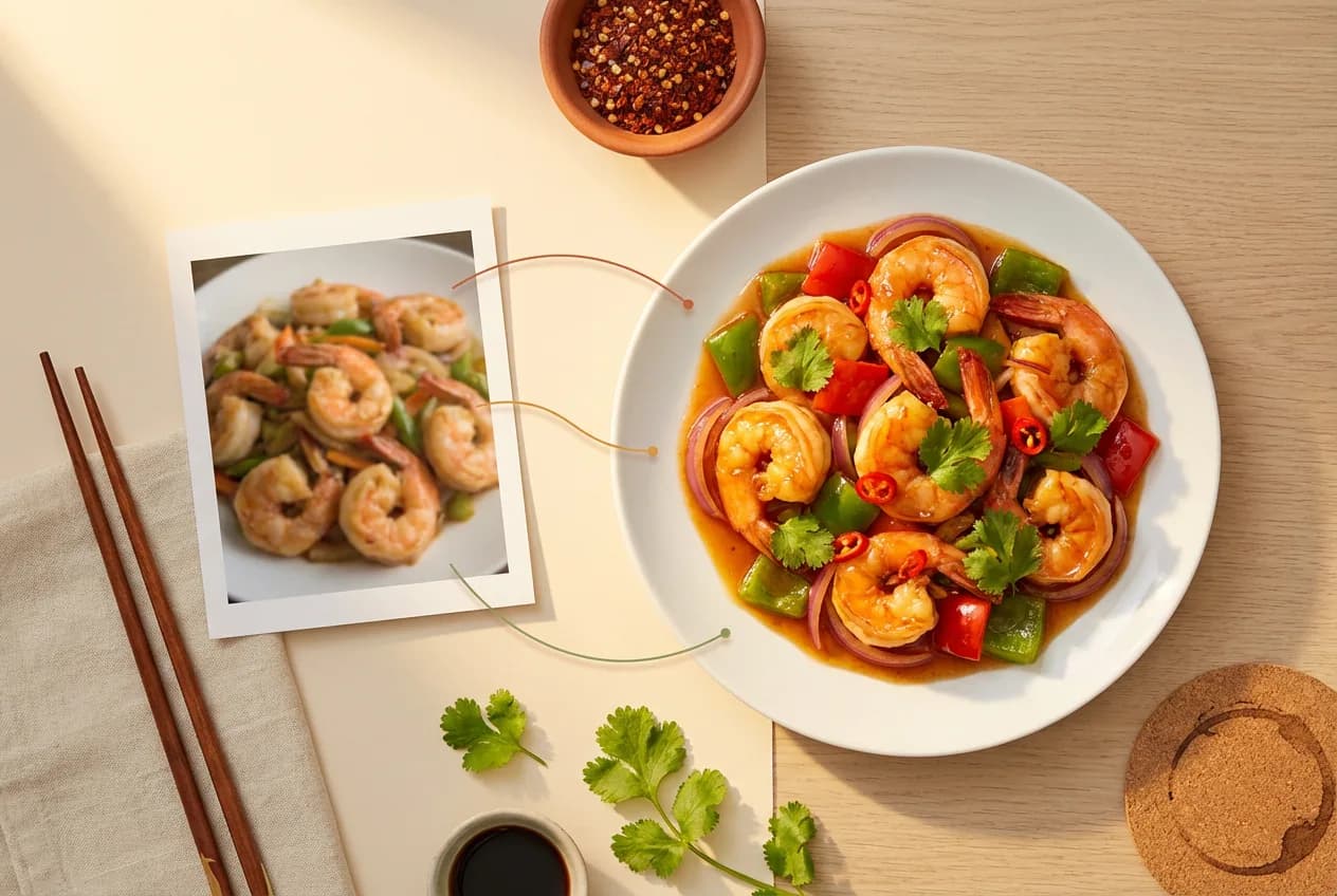 Asian shrimp stir-fry with peppers and cilantro in white bowl, polaroid photo reference, chopsticks, and red chili flakes overhead view