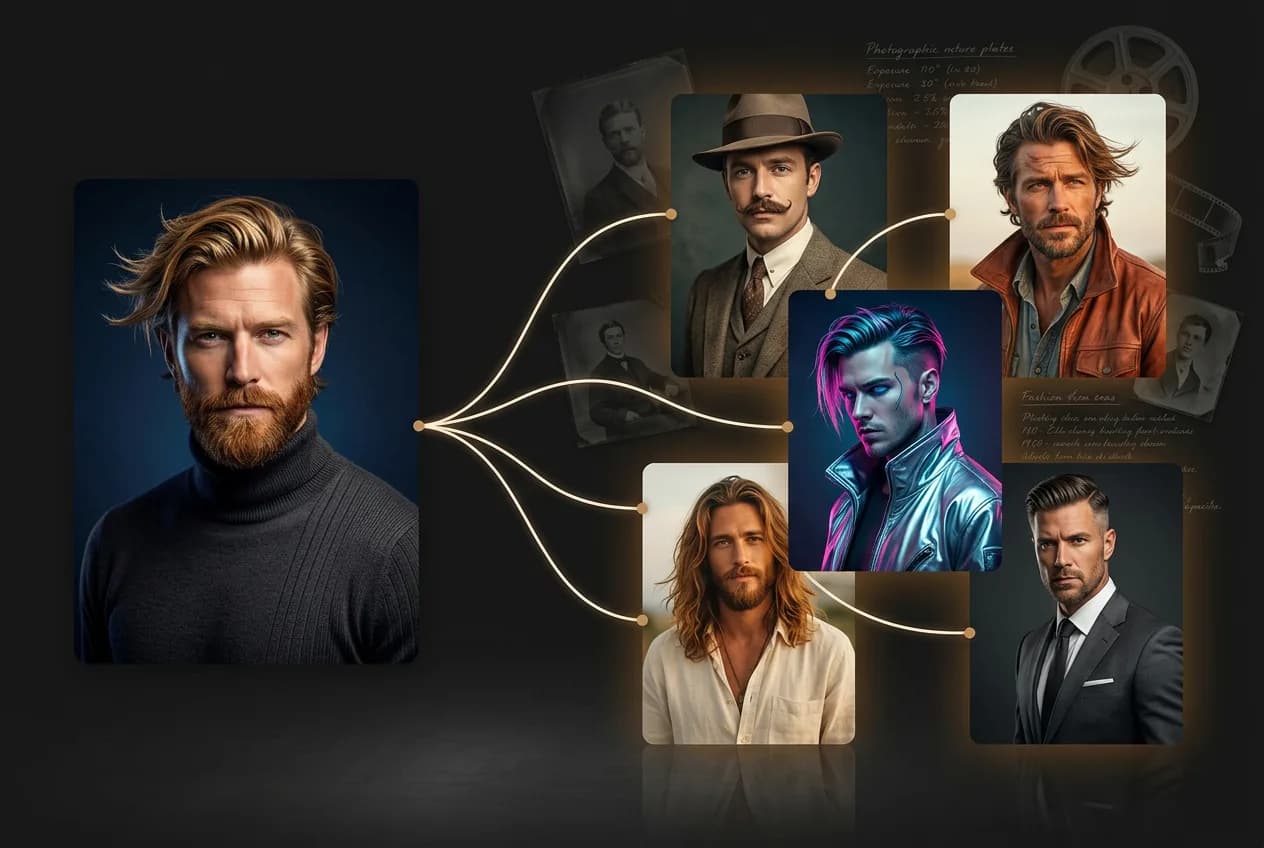 Collage of six male portrait variations showing different hairstyles, facial hair, and professional styling with vintage film reels and neon accent lighting against dark background