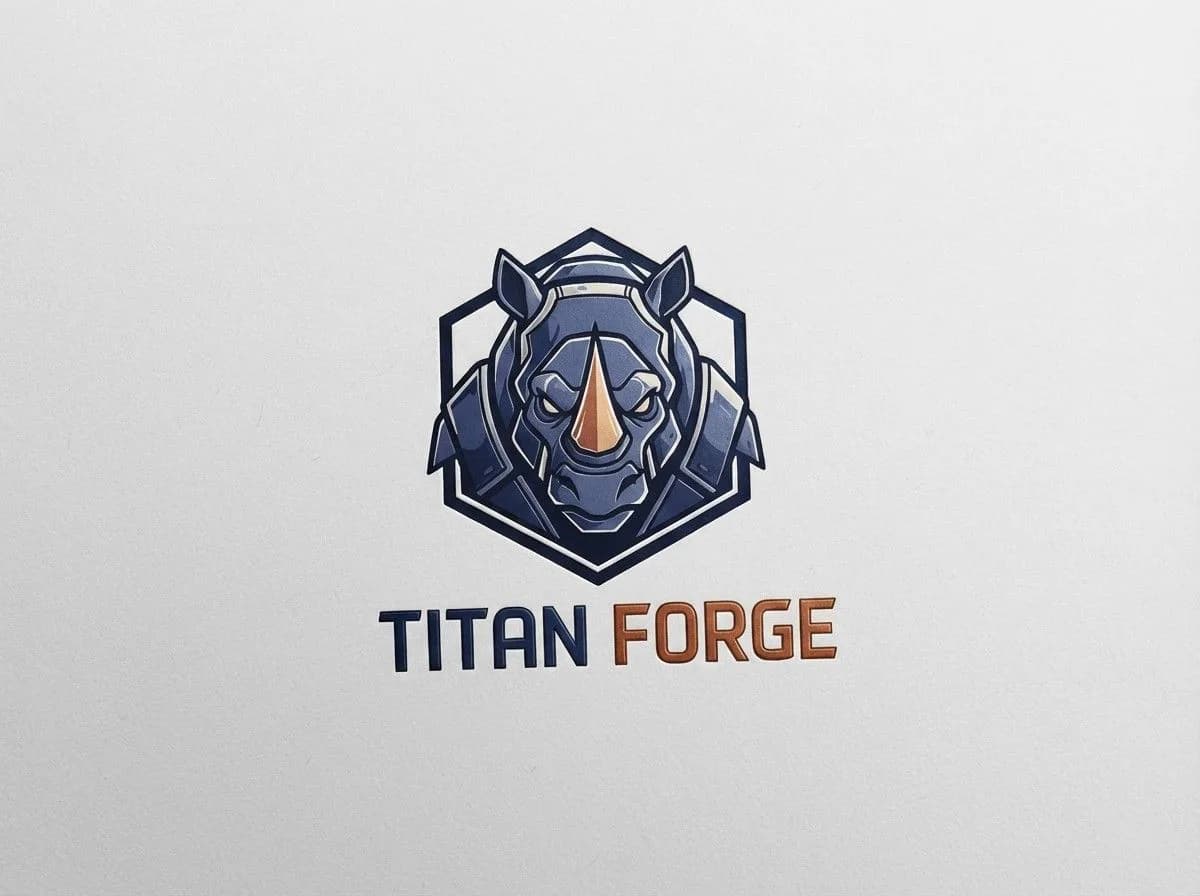 Titan Forge logo featuring stylized armored rhino head with bronze horn in geometric shield badge on light background