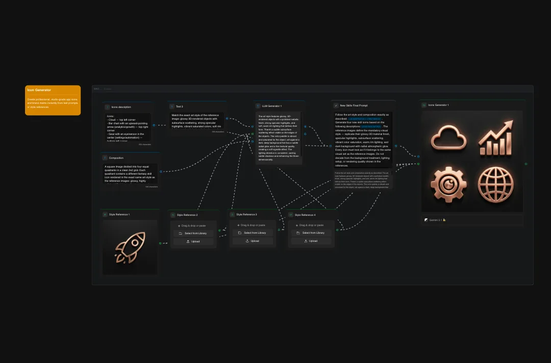 Dark mode analytics dashboard with copper-colored icons, network graphs, and data visualization charts for business intelligence tracking