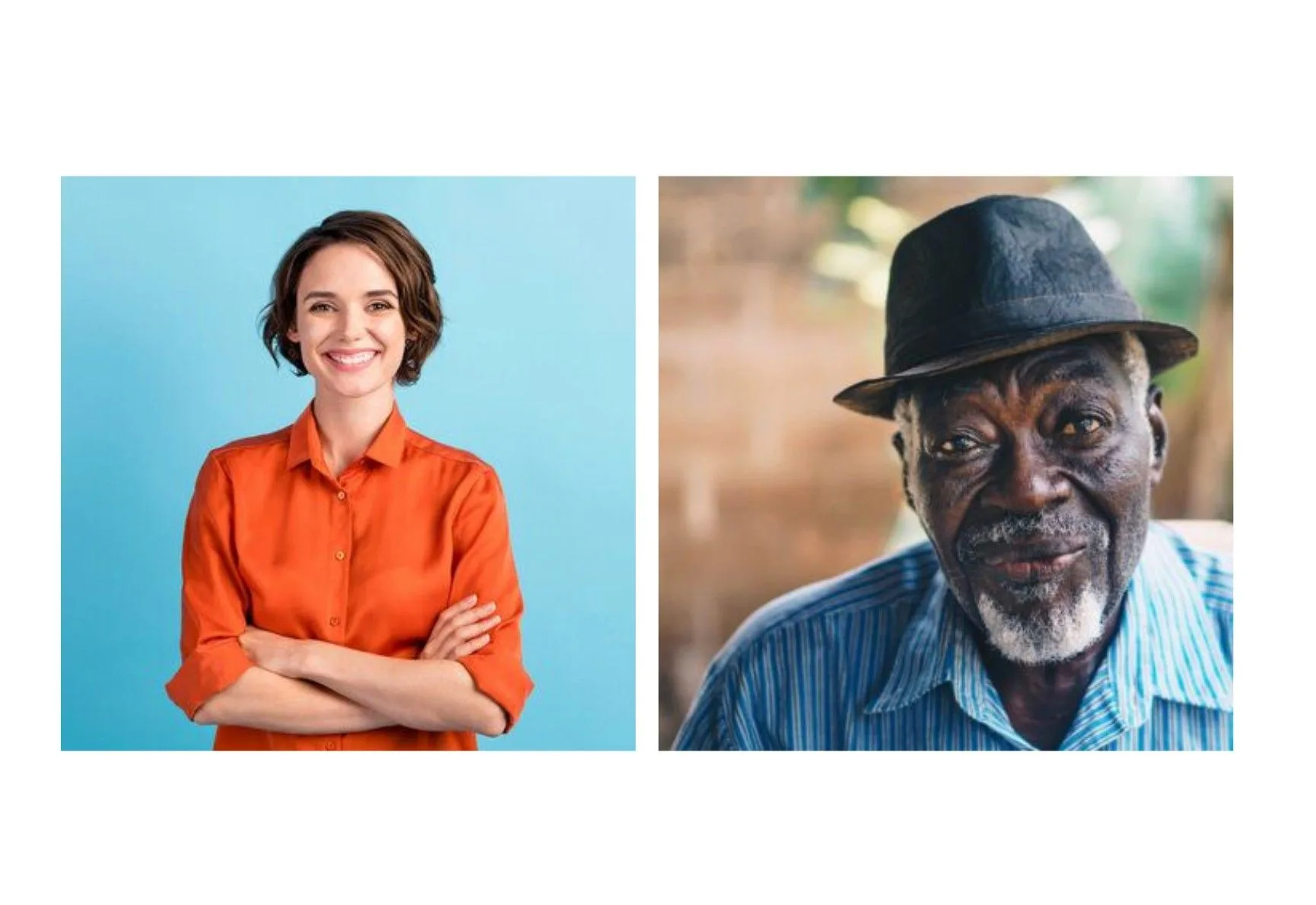 Two professional portrait headshots: smiling woman in orange shirt against blue background, and elderly man wearing black fedora and blue striped shirt in outdoor setting