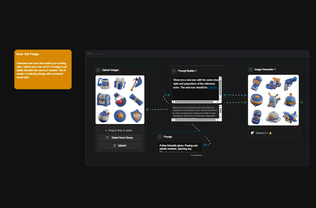 Icon Set Forge AI tool interface showing uploaded toy robot icons, prompt builder, and generated icon variations for design matching