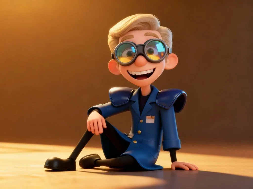 Smiling 3D cartoon character with blonde hair, goggles, and blue blazer sitting confidently on warm gradient background
