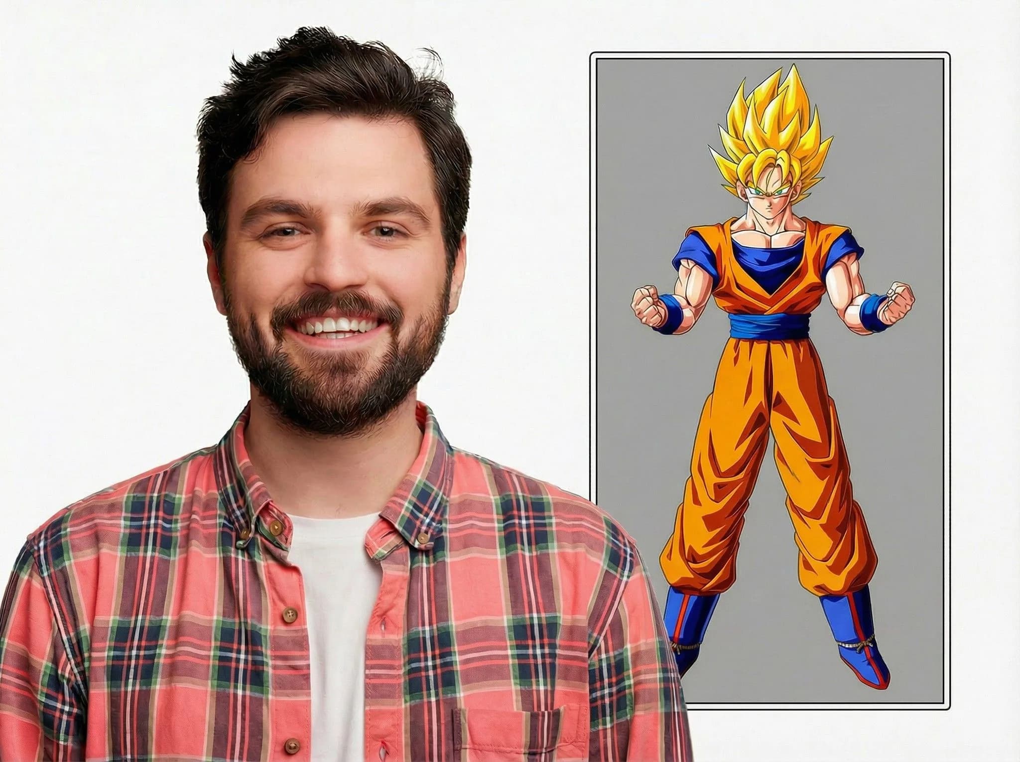 Man in red plaid shirt smiling beside Super Saiyan Goku character art with golden spiky hair and orange gi outfit