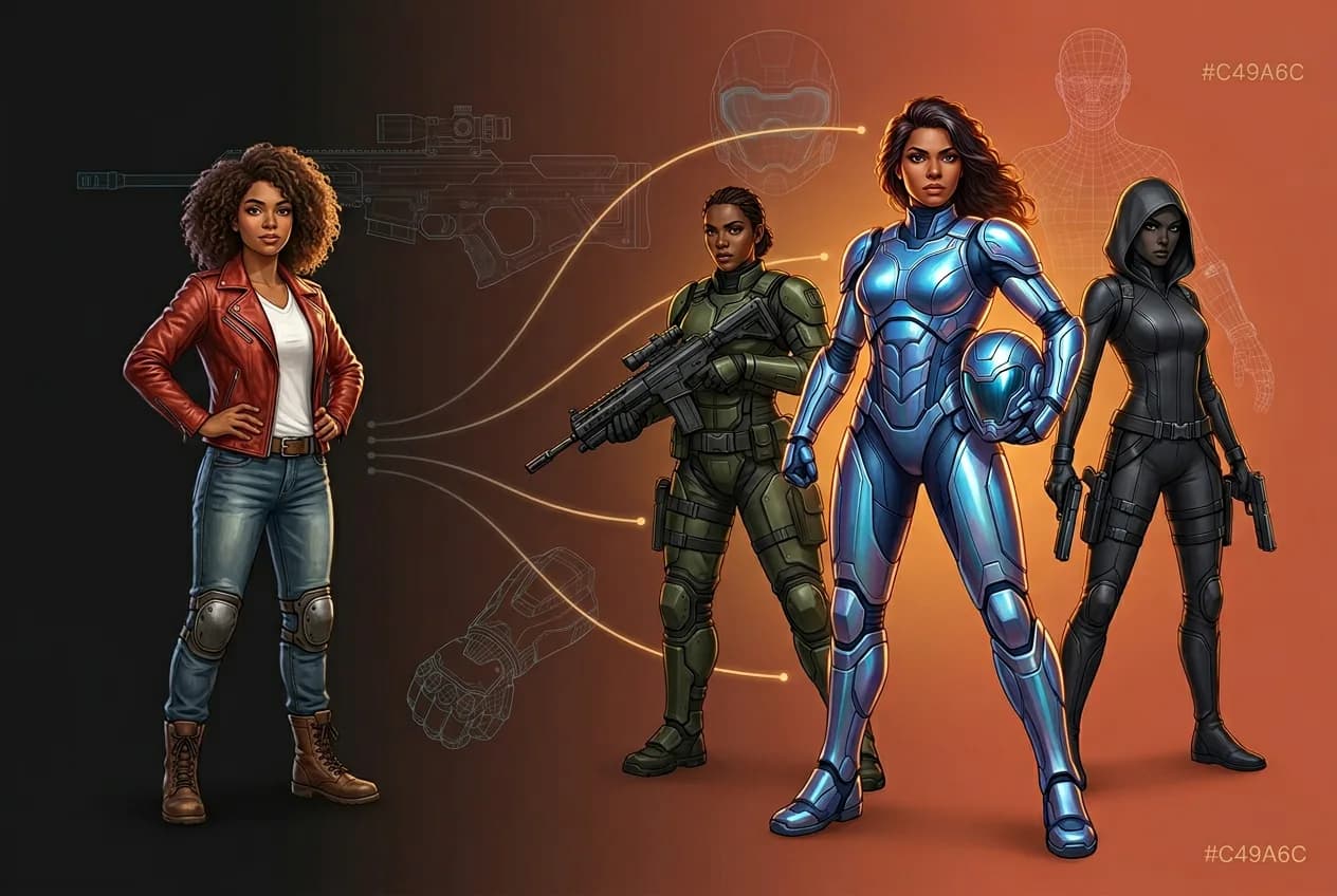 Four diverse female action heroes in sci-fi costumes: casual woman in red leather jacket, tactical soldier in military gear, armored superhero in blue suit, and black-clad operative with weapons