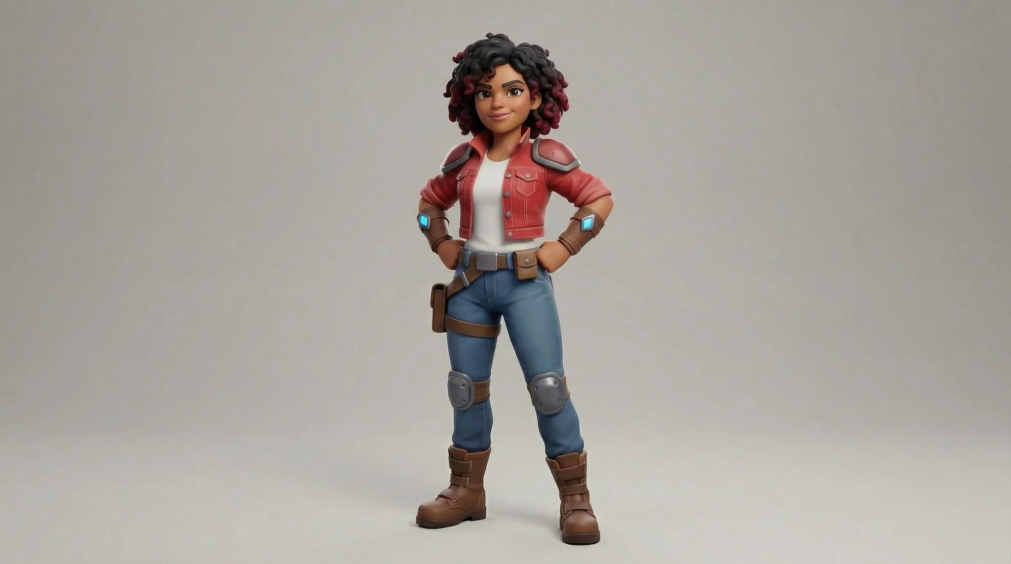 Animated female character with burgundy curly hair wearing red leather jacket and blue pants with brown boots, action-adventure style