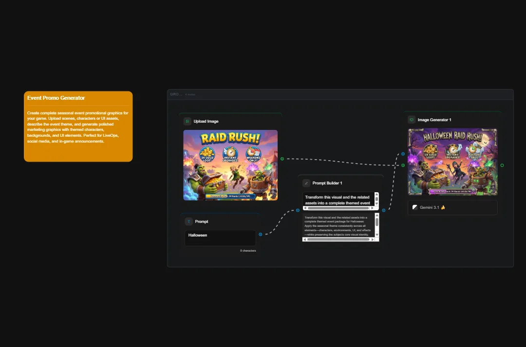 Event promo generator interface showing Raid Rush game promotional graphics with Halloween-themed variant output for mobile game marketing