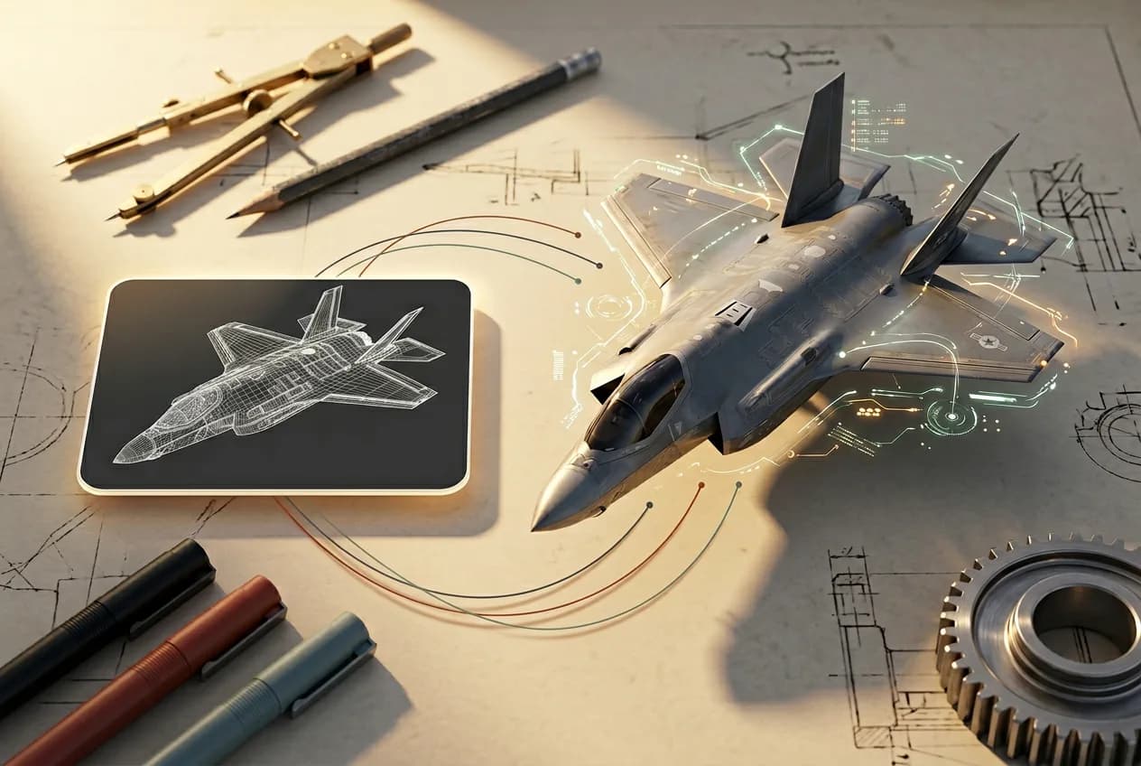 Fighter jet 3D model on technical blueprint with design tools, compasses, and engineering schematics on drafting table
