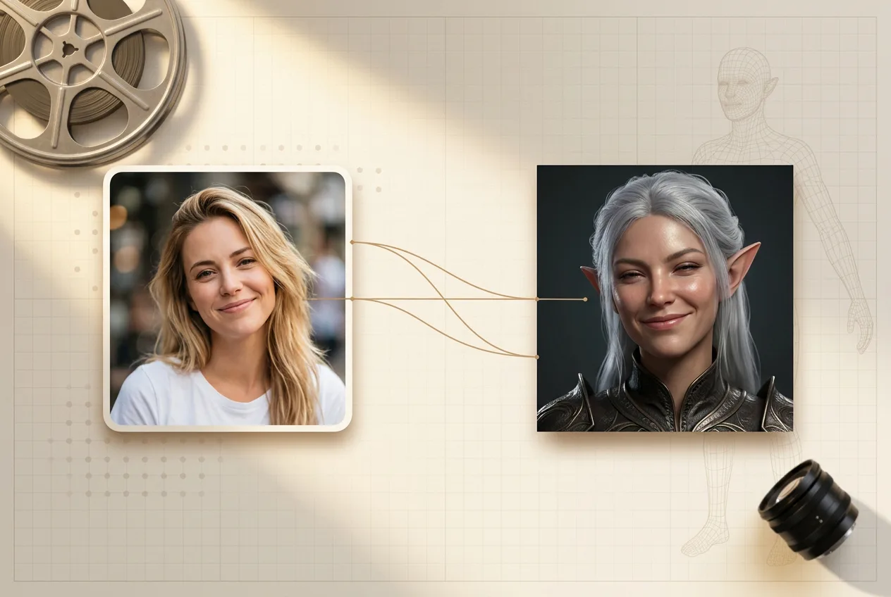 Character transformation comparison: realistic blonde woman portrait left to fantasy elf character with silver hair and leather armor right, connected by flowing lines
