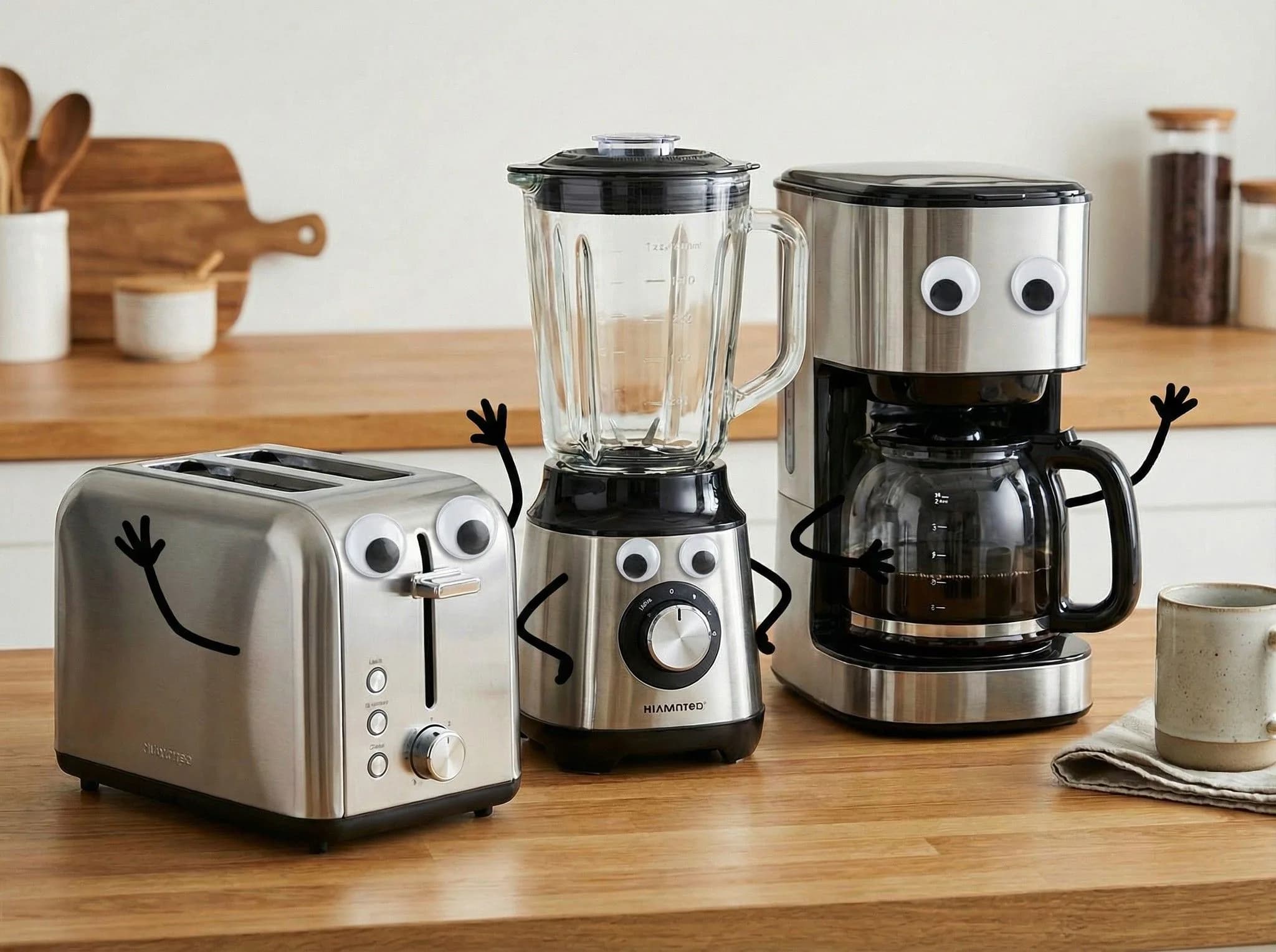 Adorable kitchen appliances with googly eyes on wooden counter: toaster, blender, and coffee maker with animated expressions