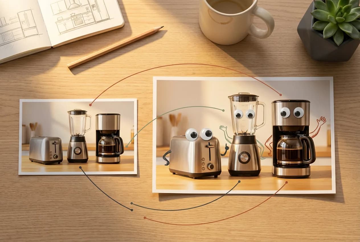 Anthropomorphic kitchen appliances with googly eyes on wooden desk with design sketches and coffee mug