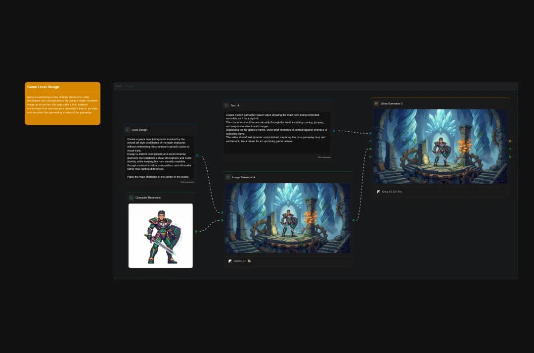 Game level design interface showing underground crystal cavern with glowing blue pillars, fantasy warrior character, and multiple generated scene variations for video game development