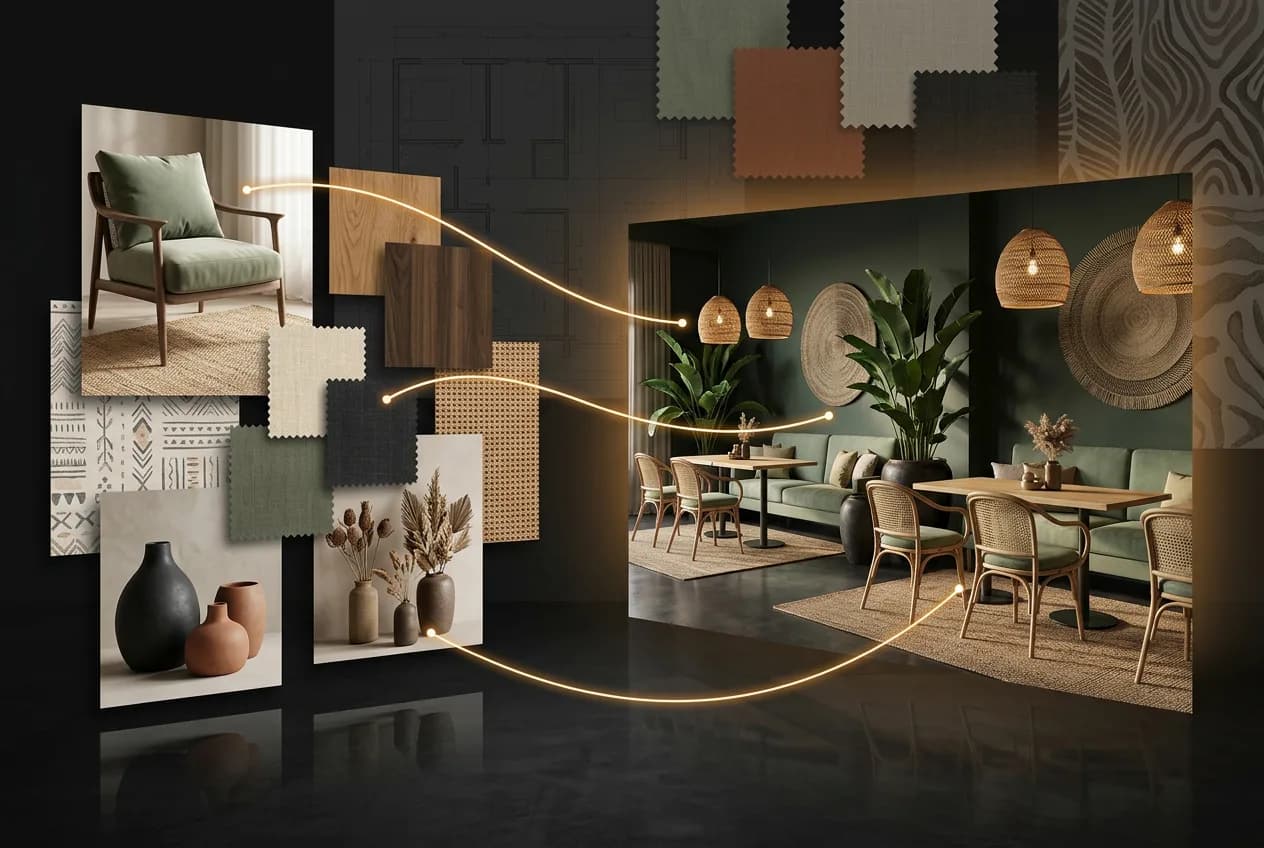 Interior design mood board featuring eco-friendly furniture, natural materials, green sofa, rattan pendants, wooden accents, and botanical styling with material samples.